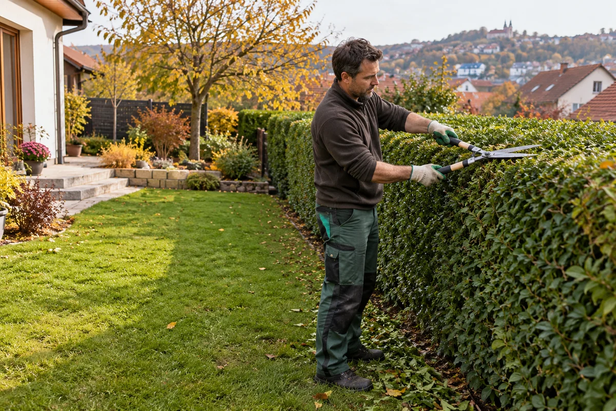 Ein Gärtner schneidet eine Hecke an einem Einfamilienhaus in einem herbstlichen Garten