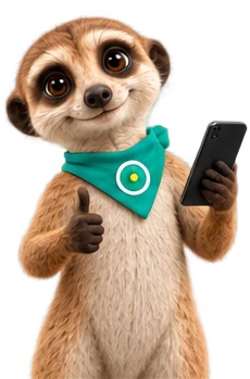 Das OAZEE-Maskottchen mit Handy in der Hand und Daumen hoch