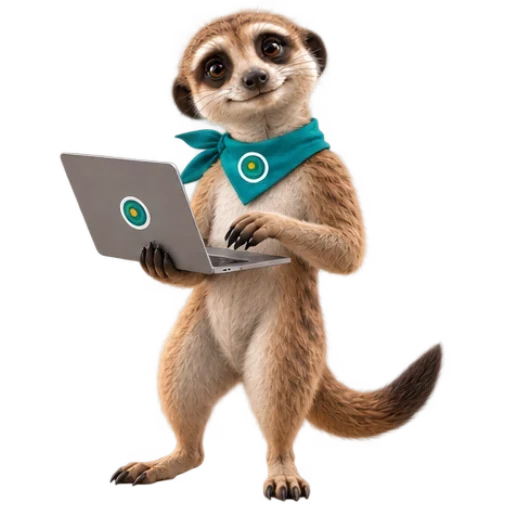 Ozee, das OAZEE-Maskottchen, mit einem Laptop